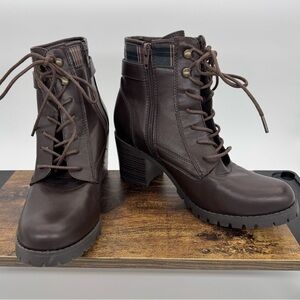 Seychelles Lace-Up Heeled Combat Boots – Brown with Plaid Cuff – Size 9.5